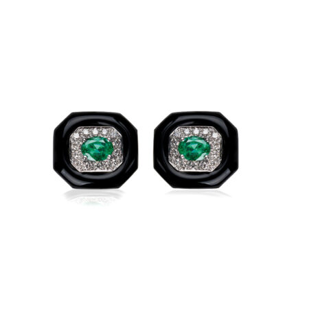 Emerald, Diamond and Black Enamel Earrings