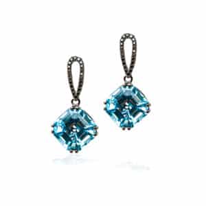 Blue Topaz and Black Diamonds Drop Earrings