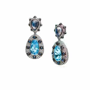 Blue Topaz, Moonstone and White Diamond Drop Earrings