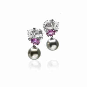 Pink Sapphires, Diamonds and Tahitian pearl Earrings
